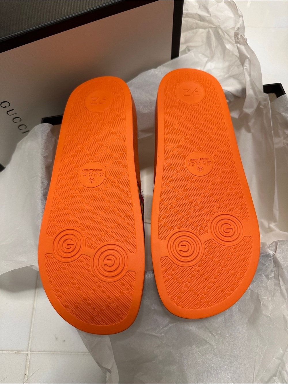 Gucci girls Orange Slides with Yellow & Pink Strawberry Print - Picture 2 of 8